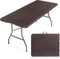 VINGLI 6 Foot Plastic Folding Table Portable Long Table for Indoor Outdoor Use Rectangular with Carrying Handle,Rattan Patterned HDPE Tabletop, Brown