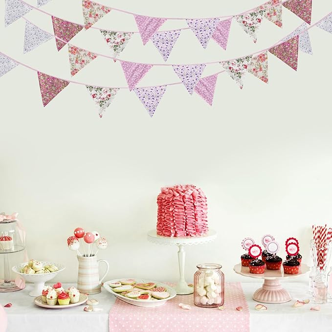 Zwiebeco 32Ft Pink Purple Rustic Floral Fabric Pennant Banner Triangle Flags Cotton Retro Flowers Bunting Party Decorations for Birthday Engagement Wedding Spring Vintage Village Home Garden Decor