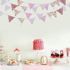 Zwiebeco 32Ft Pink Purple Rustic Floral Fabric Pennant Banner Triangle Flags Cotton Retro Flowers Bunting Party Decorations for Birthday Engagement Wedding Spring Vintage Village Home Garden Decor
