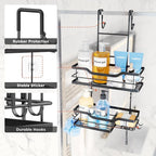 Consumest Over Door Shower Caddy - 2 Tier Shower Shelves Hanging with Soap Holders, Large Capacity Shower Organizer with 4 Hooks, Bathroom Rack and Storage, Black