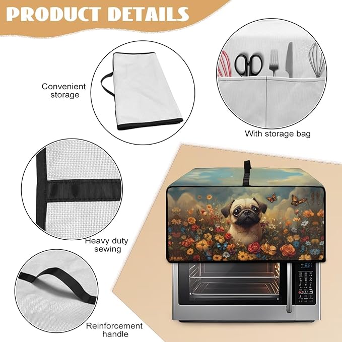 Cute Pug Dog Floral Butterfly Print Microwave Oven Dust Cover Dust Cover for Microwave Oven Universal Foldable Small Appliance Dust Covers Dirt and Fingerprint Protection, L