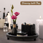 KULEDM Wooden Tray Decor, Small Beaded Coffee Table Tray Decor, Black Round Decorative Tray for Coffee Table, Dining Room Table Entryway and Living Room Table