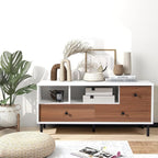 Tangkula Farmhouse TV Stand for 50-inch TVs, Modern Flat Screen Console Table with 2 Cubbies & 3 Large Drawers, Entertainment Center Storage Cabinet for Living Room (White & Walnut)