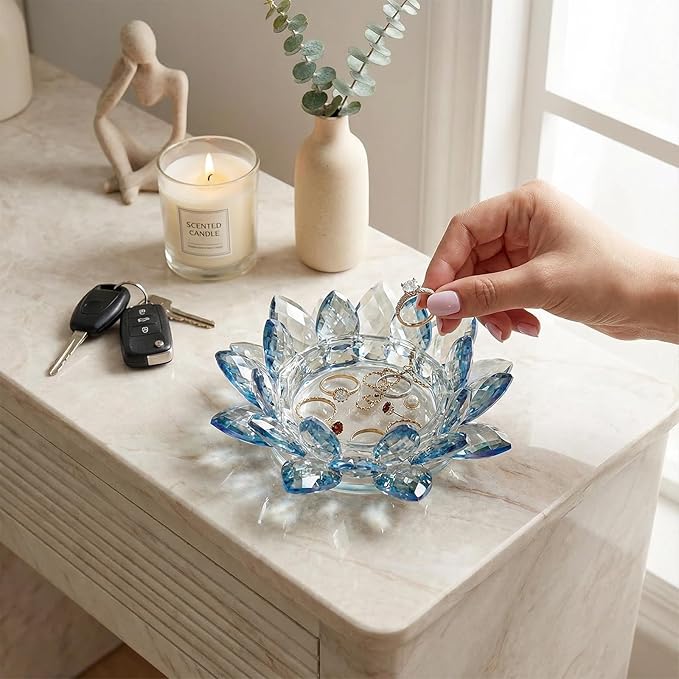 Crystal Flower Jewelry Tray, Transparent Decorative Trinket Dish for Rings, Earrings, Necklaces, Keys for Vanity Dresser Nightstand, Elegant Gift for Women Mother's Day (2, 6.3"(W) - Blue)