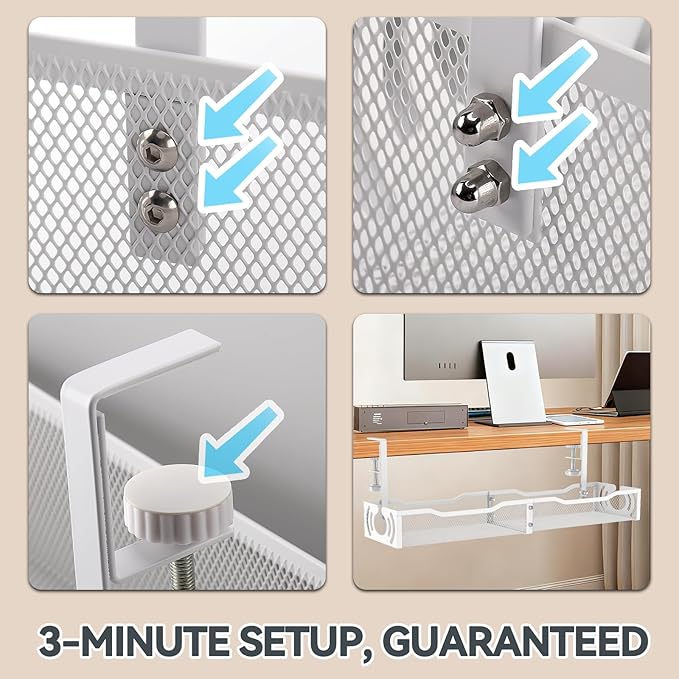 Cable Management, 25.3'' Under Desk Cable Management Tray No Drill, Metal Cable Organizer with Clamp for Wire Management, Cord Organizer for Home Office, Desk Accessories Organizer, White