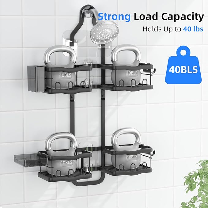 GearFusion Aluminum Shower Caddy Hanging for Handheld Showerheads Adjustable Split Shower Caddy Over the Shower Head Caddy, 2 Levels Showers Rack Organizer with Hooks, Razor Holder, Soap Holder,Black
