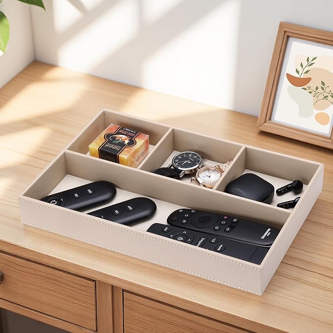 GORESE PU Leather Valet Tray, Stackable Jewelry Trays for Dresser, Drawer Nightstand Organizer Bedside Trays for Men Women, Entryway Desk Catchall Tray for Trinket, Key, Purse, Watch, Cologne, Beige