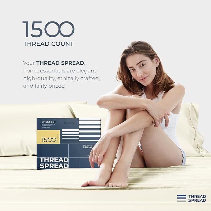 THREAD SPREAD 100% Egyptian Cotton King Size Sheets Set - Luxury 1500 Thread Count Egyptian Cotton Sheets King Size, 17" Deep Pocket, Soft, Cooling Sateen Weave Hotel Quality Bedding Set - Ivory