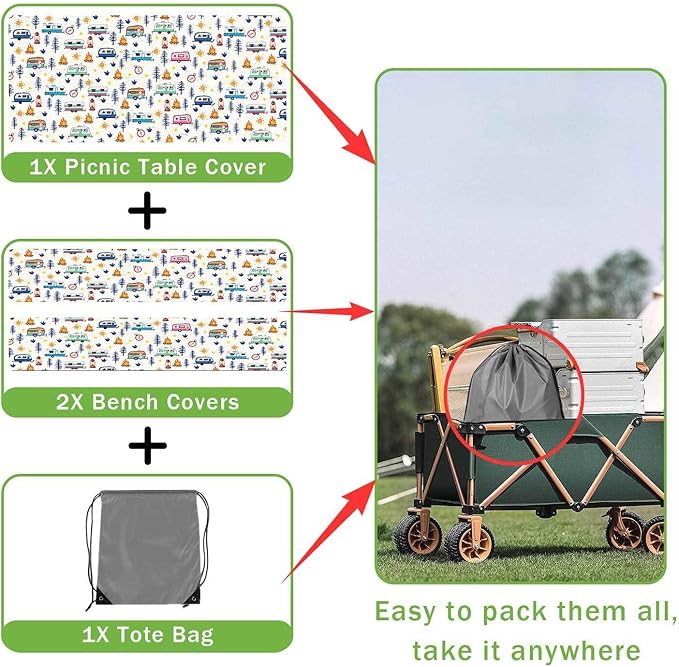 Camping Picnic Table Cover with Bench Covers, Wooden Camper RV Camping Tablecloth Fitted Picnic Table Covers for Indoor Family Garden Outdoor Party Decorations, 3 Pieces Set, 30X96in