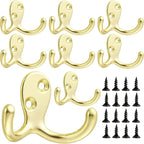 Double-Prong Coat Hooks Wall Mounted - 8 pack Gold Wall Hooks for hanging - Great for Living Room, Bedroom, Bathroom, Closet for Coat, Bag, Towel, Hat, Key, Cup, Watch, Heavy-Duty, Easy to Install