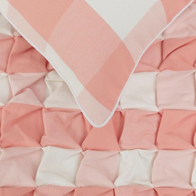 The HomeCentric King/Queen/Twin Peach Pink Decorative Full 68"x18" Bed Runner with 2 Pillow Cover, Textured & Buffalo Checks Bed Scarf on Cotton Fabric - Buffalo Plaid Peach