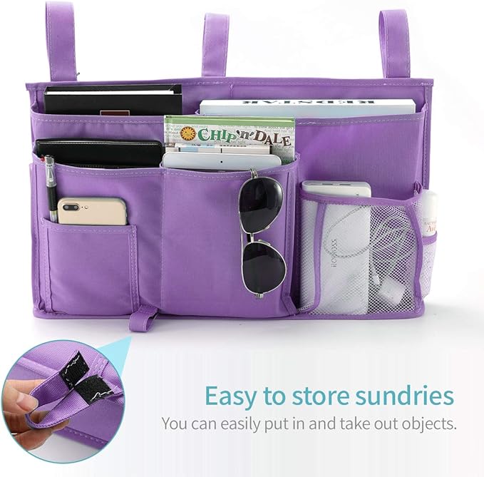 Bseash Bunk Bed Organizer, Bedside Caddy Hanging Bed Organizer Storage Bag 8 Pockets, for College Dorm Rooms Bed, Hospital Bed, Baby Bed Rails, 600D Oxford Cloth (Purple)