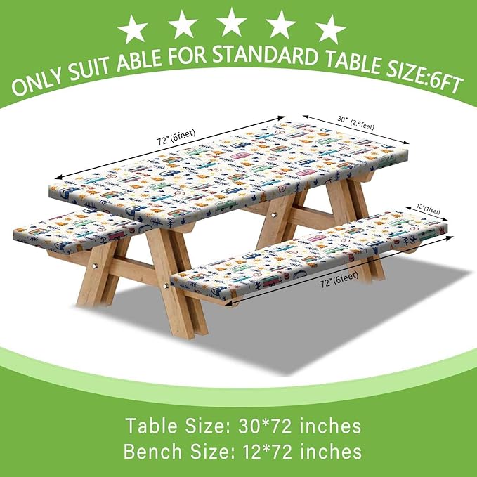 Camping Picnic Table Cover with Bench Covers, Wooden Camper RV Camping Tablecloth Fitted Picnic Table Covers for Indoor Family Garden Outdoor Party Decorations, 3 Pieces Set, 30X96in