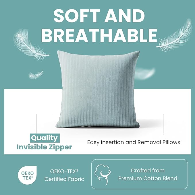 Haven & Glow Decorative Throw Pillow Cover – Square Cushion Case with Zipper | Modern Sofa, Couch & Bed Accent Pillow Covers for Living Room, Bedroom & Home Decor | 18 x 18 inches – Blue – 2 Pc