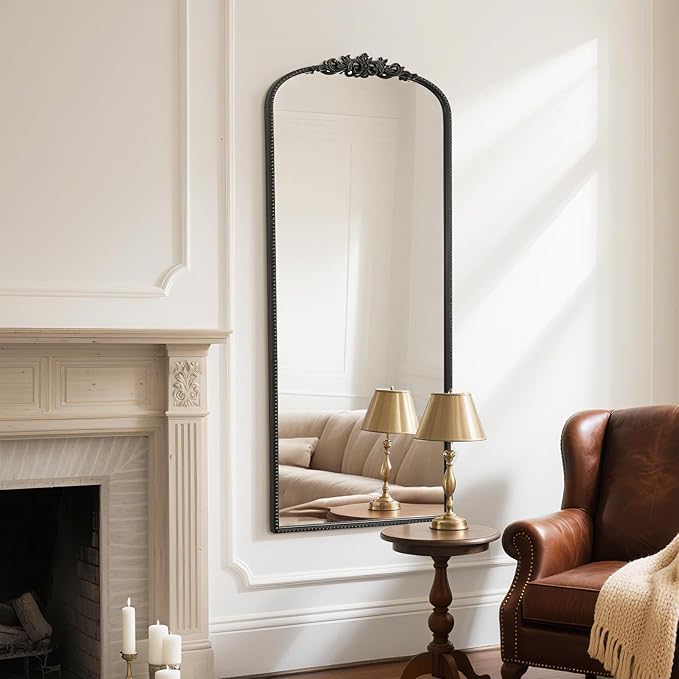 WallBeyond Arched Full Length Mirror Wall Mounted, 21x56 Inch Black Antique Mirror, Vintage Metal Frame Full Body Mirro for Bedroom, Living Room, Hanging or Leaning
