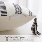 Smile Bee Spring Boho Outdoor Throw Pillow Covers Set of 2, Decorative Woven Striped Pillow Covers with Tassels for Couch Bed Sofa, 18x18 Inch, Navy Blue and Cream White