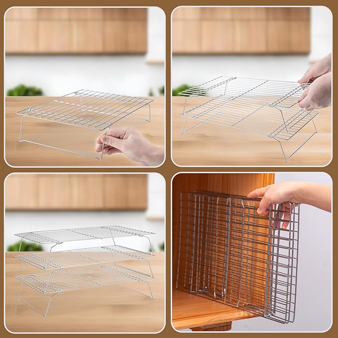 Cooling Rack for Baking 3 Tiers, 16" x 10" Cookie Cooling Wire Rack Stackable Collapsible Nonstick, Stainless Steel Baking Cooking Cooling Racks with Optimum Air Flow, Silver