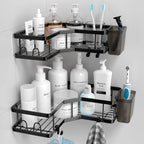 AKTECKE Corner Shower Caddy, 2 Pack Adhesive Shower Corner Organizer Shelves, No Drilling Stainless Steel Shower Storage Rack with Hooks&Toothpaste Holder for Bathroom Kitchen （for 90° Corners Only）