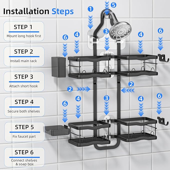 GearFusion Aluminum Shower Caddy Hanging for Handheld Showerheads Adjustable Split Shower Caddy Over the Shower Head Caddy, 2 Levels Showers Rack Organizer with Hooks, Razor Holder, Soap Holder,Black