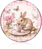 Easter Bunny in a Tea Cup Wreath Metal Sign Rustic Farmhouse Design Floral Spring Decor For Front Door Wall Art 8X8Inch