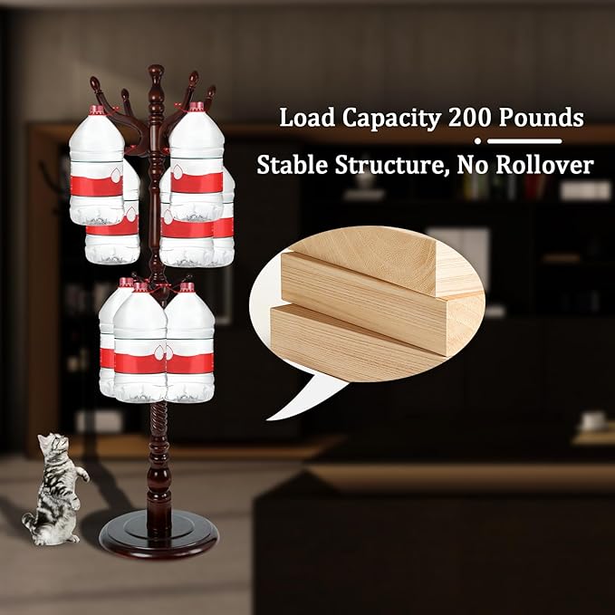 Coat Racks FreeStanding with 11 Hooks, Natural Wood Coat Rack with Solid Round Base, Adjustable Height Coat Racks, Easy Assembly for Hallway, Bedroom and Office (Walnut-Solid Round Base)