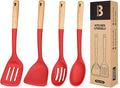 Silicone Cooking Utensils Set, Perfectly Angled for Frying, Mixing,Serving,Draining,Turning and Stirring, BPA-Free Matte Silicone, Wood Handles, Safe for Nonstick Cooking Surfaces,4 Pack (Red)