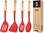 Silicone Cooking Utensils Set, Perfectly Angled for Frying, Mixing,Serving,Draining,Turning and Stirring, BPA-Free Matte Silicone, Wood Handles, Safe for Nonstick Cooking Surfaces,4 Pack (Red)