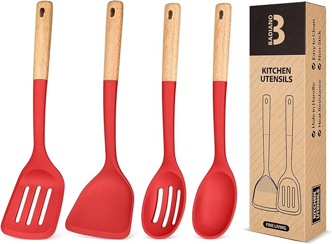Silicone Cooking Utensils Set, Perfectly Angled for Frying, Mixing,Serving,Draining,Turning and Stirring, BPA-Free Matte Silicone, Wood Handles, Safe for Nonstick Cooking Surfaces,4 Pack (Red)