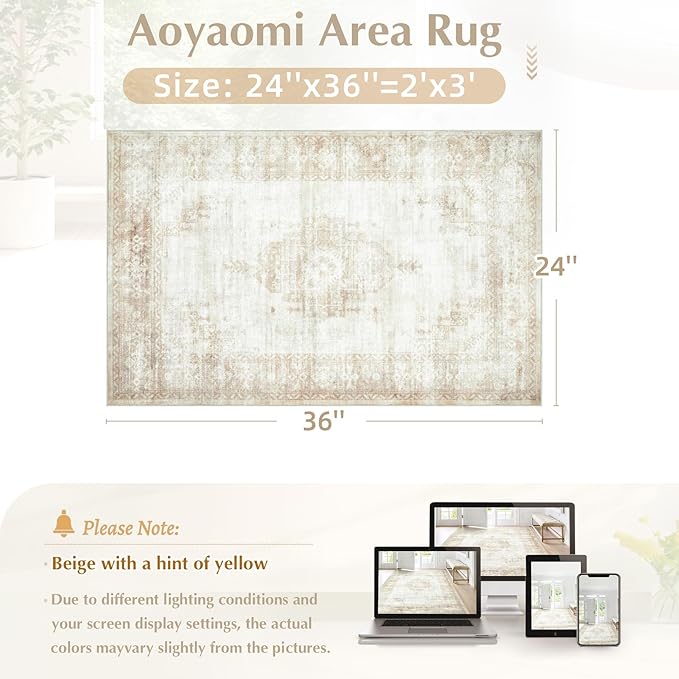 Area Rug 2x3 Entryway Rugs - Machine Washable Vintage Boho Area Rug Non-Slip Kitchen Rugs Soft Stain Resistant Indoor Door Mat, Small Oriental Throw Rug for Entrance Hallway Bedroom (Beige, 2'x3')