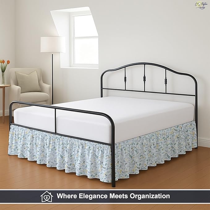Cottington Lane Ruffled Bed Skirt Queen Size with Split Corner, Brushed Microfiber Hotel Quality Dust Ruffle, 15 Inch Drop Gathered Bedskirt, Soft, Stylish, Shrink & Fade Resistant, Garden Bloom