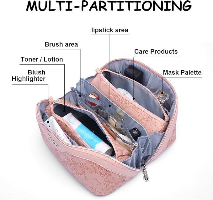 BOYATU Travel Makeup Bags Cosmetic Organizer Bag: 3-Set Large Capacity Make up Bag - PU Leather Toiletry Bags for Women - Wide Open Portable Pouch with Divider & Handle (01-Z-Pink)