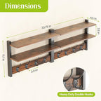 2 Tier Coat Rack Wall Mount with Shelf, 33" Wall Shelf with Hooks, Entryway Key Holder for Wall with 8 Heavy Duty Double Hooks, Coat Hook Wall Mounted for Bedroom, Living Room, Rustic Brown