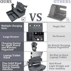 Nightstand Organizer for Men with Large Drawer, Wood Phone Docking Station for Phone, Apple Watch, Wallet & Keys, Ideal Birthday Gift for Father Husband, Bedside Desk Organizer (Grey)