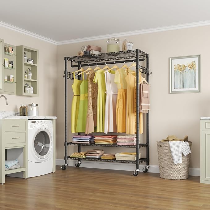 VIPEK R3 Plus Rolling Clothes Rack with Locking Wheels, Portable Closet for Hanging Clothes Heavy Duty Garment Rack with Adjustable Shelves and Side Hooks, Metal Wardrobe for Home Storage, Black