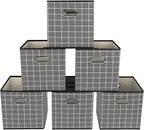 Yunkeeeper storage bins Cubes, Fabric Cube Organizer with Handle, Foldable Cube Bins for Cloth or Accessary Storage, 11x11x11, Set of 6, (Grey grid)
