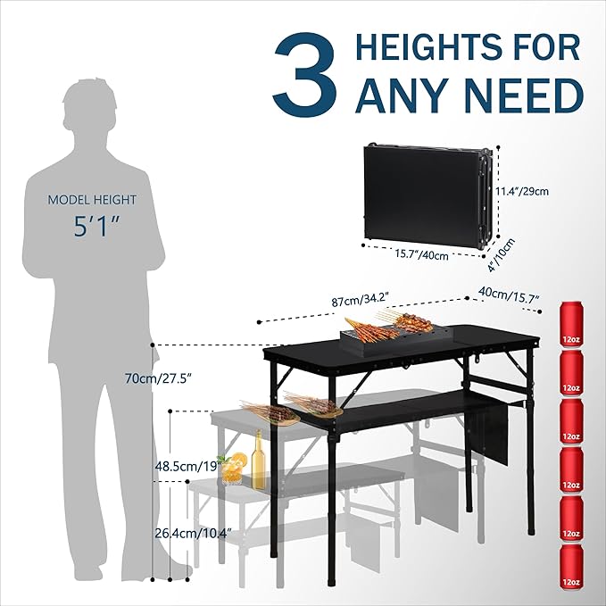 LOFTEY Folding Camping Table with 3 Adjustable Height, 3ft Foldable Aluminum Camp Table, Lightweight with Storage Bag, Portable for Outdoor, BBQ, Hiking, 34.2" x 15.7" x 27.5", Black