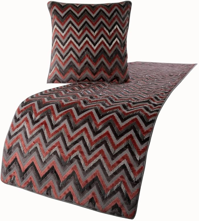 The HomeCentric Grey Bed Runner, Full Size 68"x18" Decorative Bed Runner with Matching Pillow Cover, Peach & Grey Velvet Bed Scarf in Bead Embroidery - Blushed Chevron