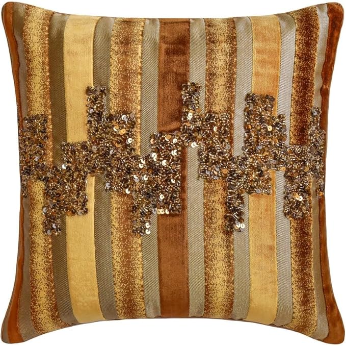 The HomeCentric King/Queen/Twin Gold & Brown Decorative Full 68"x18" Bed Runner with Two Pillow Cover, Striped, Beadwork & Handmade Bed Scarf on Velvet Fabric - Streamlined