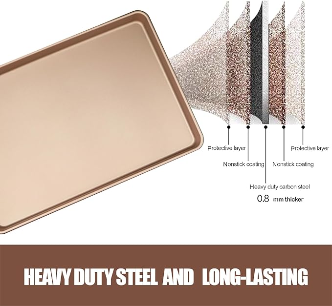 JOHO BAKING 3-Pack Nonstick Carbon Steel Baking Sheet Set | Heavy Duty 0.8mm Cookie Sheets - Large 17.8"x12" & 2 Medium 15.7"x10.8" Commercial Gold Pans for Oven, Roasting & Toaster