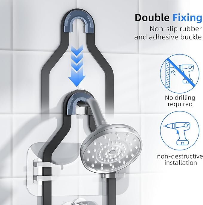 GearFusion Aluminum Shower Caddy Hanging for Handheld Showerheads Adjustable Split Shower Caddy Over the Shower Head Caddy, 2 Levels Showers Rack Organizer with Hooks, Razor Holder, Soap Holder,Black