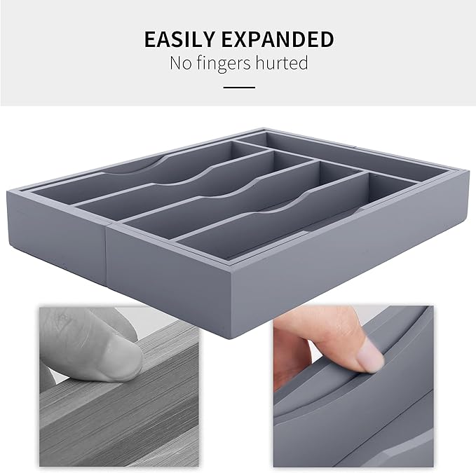 Expandable Bamboo Kitchen Drawer Organizer for Cutlery and Utensils, Adjustable Bamboo Wood Cutlery Tray in Drawer for Flatware and Silverware in Kitchen, (Grey)