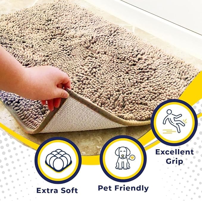 Muddy Mat® AS-SEEN-ON-TV Highly Absorbent Microfiber Door Mat and Pet Rug, Non Slip Thick Washable Area and Bath Mat Soft Chenille for Kitchen Bathroom Bedroom Indoor and Outdoor - Beige 6ft x 9ft