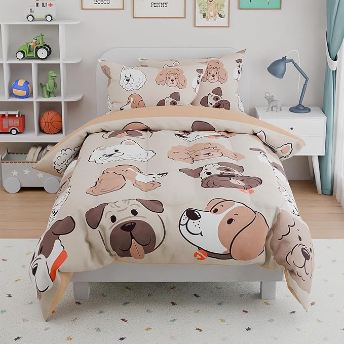 Dog Kids Bedding Set for Girls Boys, Ultra Soft Microfiber Comforter Set Twin Size 3-Pieces, Dogs Comforters Bed Sets for Kid Tween Teen Bedroom Decor