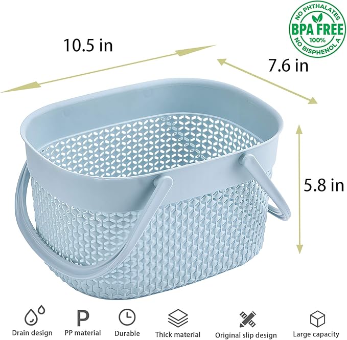 rejomiik 2 Pack Plastic Shower Caddy Basket, Portable Organizer Storage Tote with Handles Toiletry Bag Bin Box for Bathroom, College Dorm Room Essentials, Kitchen, Camp, Gym, Blue