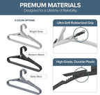 No Hassle-Hangers Best Clothes Hanger Ultra Soft Rubberized Grip Clip Keeps Garments in Place and Off the Floor. Perfect for Wide Neck Silks & Satin Tops, delicates, Athletic wear. (10, Modern Black)