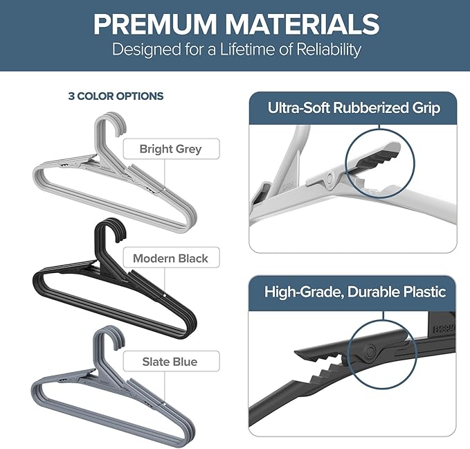 No Hassle-Hangers Best Clothes Hanger Ultra Soft Rubberized Grip Clip Keeps Garments in Place and Off the Floor. Perfect for Wide Neck Silks & Satin Tops, delicates, Athletic wear. (10, Modern Black)
