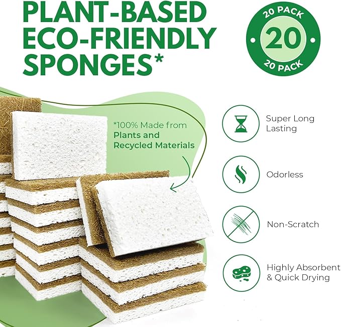 AIRNEX Natural Kitchen Sponges Pack of 20 - Biodegradable Cellulose and Coconut Husk Walnut Scrubbers - Odor Free Non Scratch - Eco Friendly Quick Drying Dishwashing Sponges