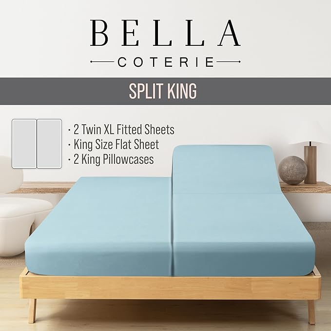 Bella Coterie Luxury Bamboo Viscose Split King Size Sheet Set | 2 Fitted Sheets for Sleep Number & Adjustable Beds | 100% Organically Grown | Cooling & Ultra Soft | 18” Deep Pocket [Coastal Blue]