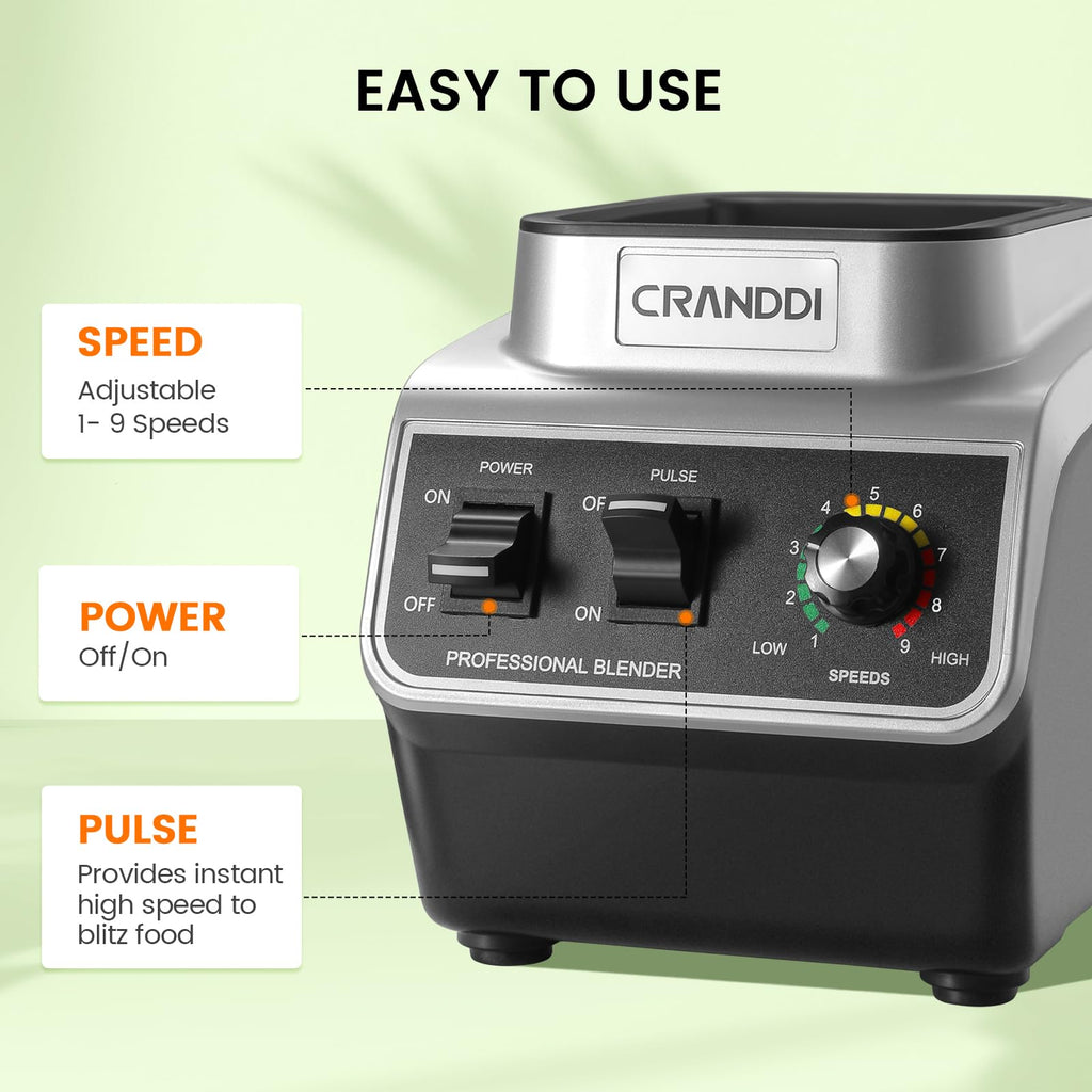 CRANDDI Professional Smoothie Blender, 80oz Countertop Blenders for Smoothies, Shakes & Ice Crushing, 1500W Compact Commercial Kitchen Blender with Stainless Steel Blade, 120V, K96