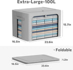 CYhom 3Pack Frame Storage Box - Clothes Storage Bin Bags Oxford Fabric Foldable Stackable Container Organizer Set with Clear Window & Carry Handles (Grey, Extra Large-100L)